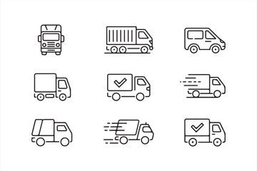 Delivery truck icons for online orders, shipping services, and freight transport