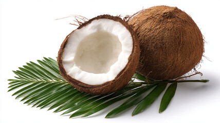 Coconut with green leaves on white background