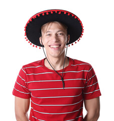 Portrait of smiling man in black Flamenco hat on white background
