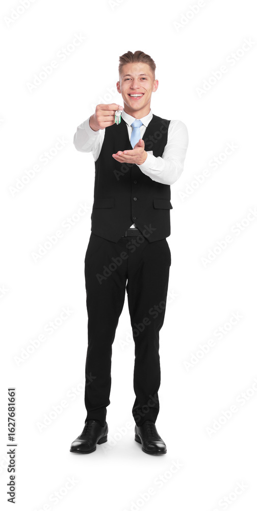 Poster smiling receptionist in uniform with guest room key on white background