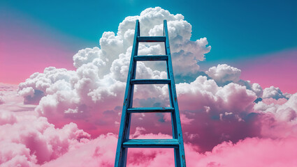 Ladder Reaching to Colorful Clouds Above Dreamy Landscape