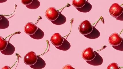 Fresh red cherries scattered on pink background, creating vibrant and playful pattern