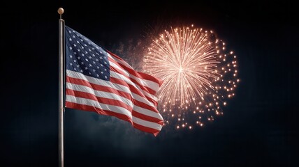 American flag billowing during fourth of july fireworks display, symbolizing national pride and freedom