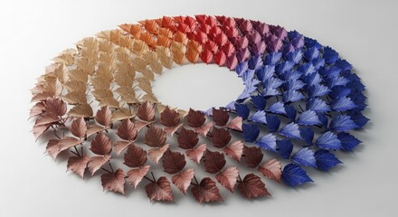 Artistic Color Gradient Display of Autumn Leaves Forming a Circular Pattern Symbolizing Change and Transitions of Seasons