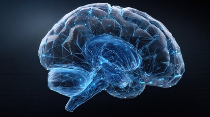 Polygonal brain glowing on dark background, symbolizing artificial intelligence, deep learning and neural network