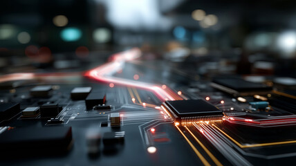 A close-up of a computer chip on a circuit board with luminous, red pathways pulsating, symbolizing data flow.