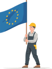 Construction Worker Holding European Union Flag, Flat vector illustration