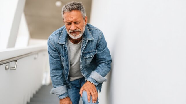 Mature male sitting on stairs, grimacing while gripping knee, indicating possible joint pain or injury