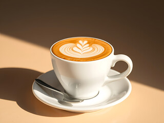 Elegant cup of hot cappuccino with beautiful heart-shaped latte art on top, served in a white ceramic mug with saucer and spoon. Perfect coffee shop or breakfast-themed mockup with warm lighting