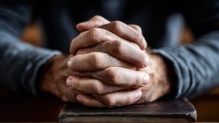 Close up of wrinkled hands of faithful senior man holding each other over bible, praying in church