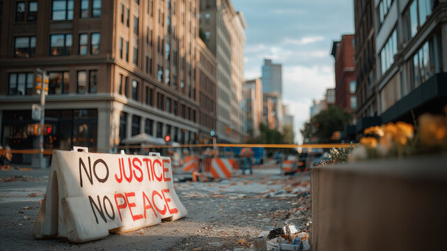 A police barricade sign on a city street reads 'NO JUSTICE NO PEACE' in graffiti-style font, highlighting a protest and civil unrest.