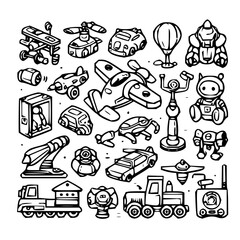 Illustration of various toy vehicles and robots including planes cars and mechanical figures in black and white