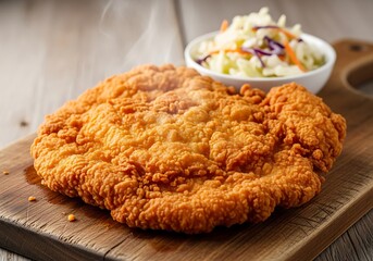 Fried Chicken with Coleslaw on Wooden Board