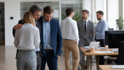 Obraz premium Two sad business professionals comfort each other in an office after a layoff announcement, conveying empathy and emotional support.