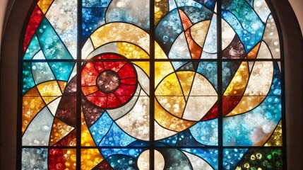 Vibrant Geometric Stained Glass Window with Abstract Designs and Rich Colors, Church Art Feature