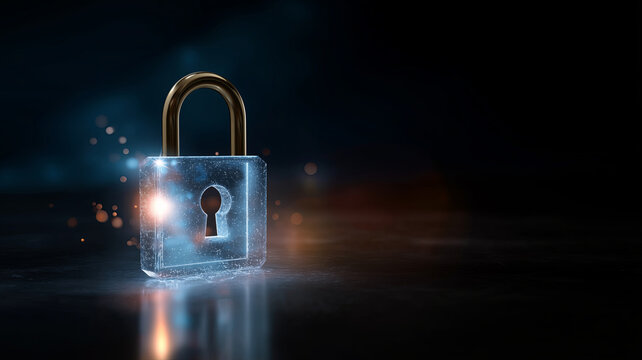 A glowing, transparent digital padlock with a binary code keyhole stands on a reflective surface, symbolizing cybersecurity and data protection.