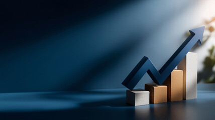 A blue upward-trending arrow rises from a bar graph made of blocks, symbolizing business growth, financial success, and positive market trends.
