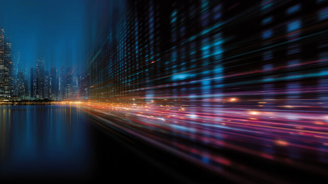 A blurry, fast-paced vector illustration of a city skyline with vibrant light trails, depicting data flowing and the concept of digital transformation.