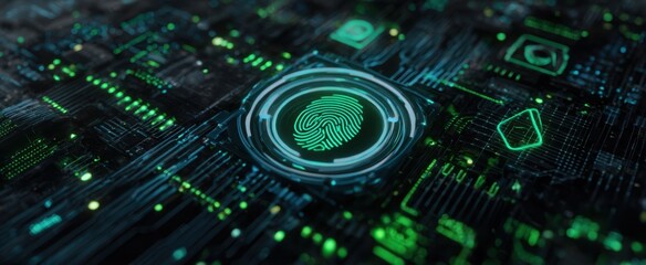 The futuristic fingerprint scanner integrated in a digital circuit board design.