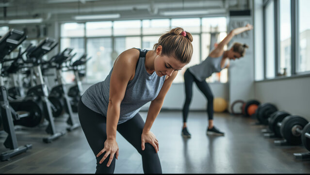 Tired, face or happy woman on gym break with fatigue, towel and wellness in fitness workout. Sweating, resting and exhausted female athlete breathing in exercise or training to relax for recovery