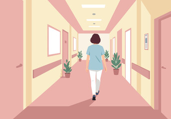 Nurse Walking Down Hospital Hallway with Plants and Doors