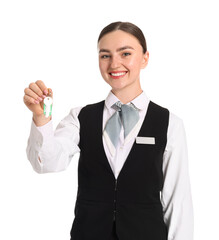 Smiling receptionist in uniform with guest room key on white background