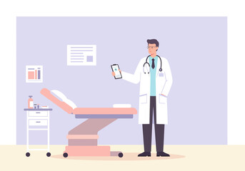 Doctor in White Coat Holding Tablet in Examination Room