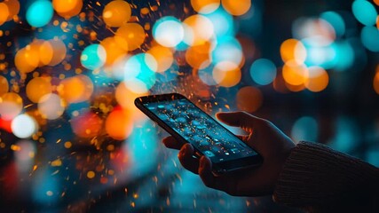 Person holds smartphone with glowing screen for digital connection in vibrant urban night lights technology lifestyle communication modern city nightlife concept. - Powered by Adobe