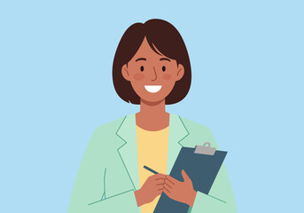 Smiling Woman in Lab Coat Holding Clipboard and Pen Illustration