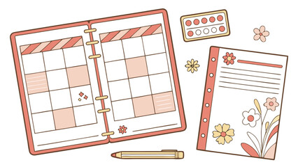 Illustration of an open planner with a to do list and calendar next to a sticker sheet with clocks and flowers