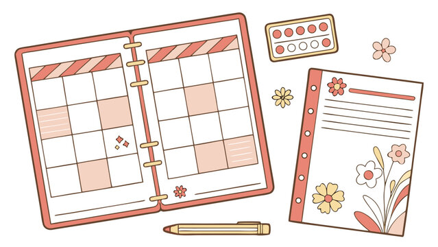 Illustration of an open planner with a to do list and calendar next to a sticker sheet with clocks and flowers