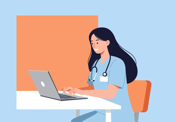 Smiling Nurse Working on Laptop at Desk with Stethoscope