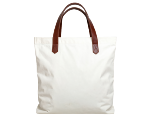 White canvas tote bag with leather handles, isolated on transparent cutout background