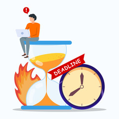 A young man sitting on sand clock in fire with big icon of clock. Symbolizing deadline disruption on tasks. Many work and few time. Employee in a hurry. Panic and stress in office.