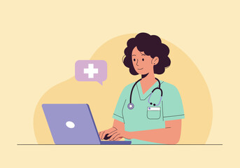 Female doctor using laptop with medical cross speech bubble illustration.