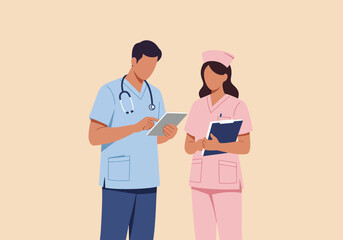 Medical Staff Reviewing Information on Tablet and Clipboard