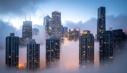 City Skyline Emerging From Fog at Night with Building Lights