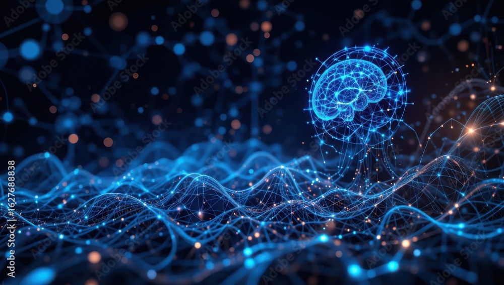 Poster futuristic digital brain network illustration with data waves and neural connections