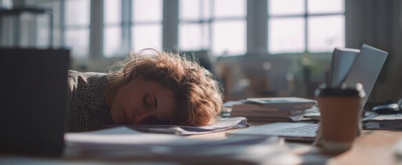 The exhausted woman resting her head on paperwork in a sunny office space.