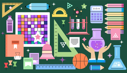 Back to school template design  banner  School stuff, supplies bundle. Stationery, items, accessories,  folder, pencil, pen   Flat vector cartoon  illustration