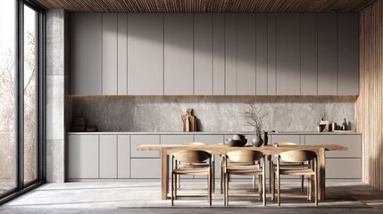 Obraz premium Modern kitchen dining area with natural light.