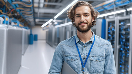 Man wearing denim shirt and ID badge holding laptop standing confidently inside modern data center with servers in background and bright industrial lighting