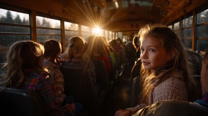 Multicultural kids swap books on yellow school bus, lifestyle, brunette, two, model, one, business