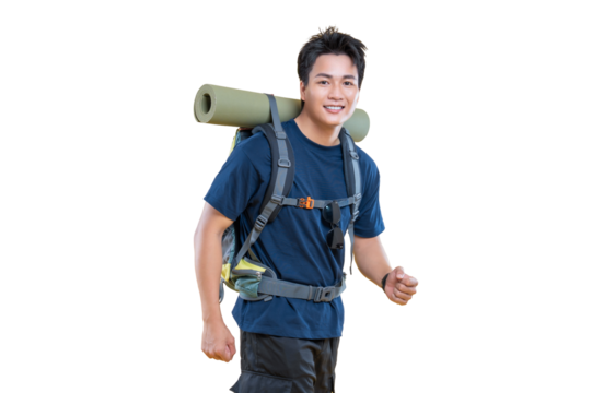 Adventurous hiker with backpack on a journey and smiling at camera on png background - Powered by Adobe