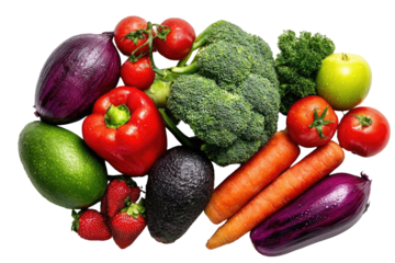 Colorful assortment of fresh produce.  A mix of fruits and vegetables, including eggplant, tomatoes, peppers, broccoli, strawberries, carrots, avocados, and an apple