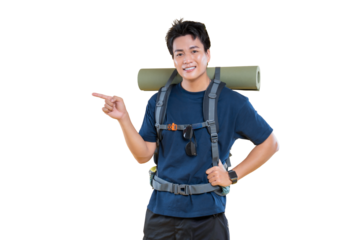Adventurous hiker on a journey, pointing towards adventure with backpack and smile on png background