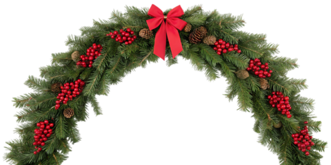 A festive christmas garland crafted from lush green fir branches adorned with bright red berries and a prominent red bow at the apex creating a welcoming arched entryway