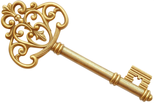 Ornate golden antique key isolated on a transparent background vintage