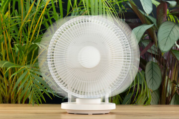 White electric table fan in motion with visible oscillation blur. Modern cooling appliance on...