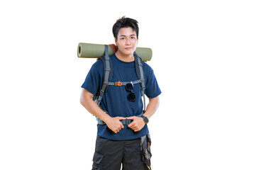 A Young Adventurer Ready for Exploration with Backpack and Mat on white background